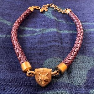 Rare Doncaster Braided Leather Fox Head Choker Necklace Gold Shield